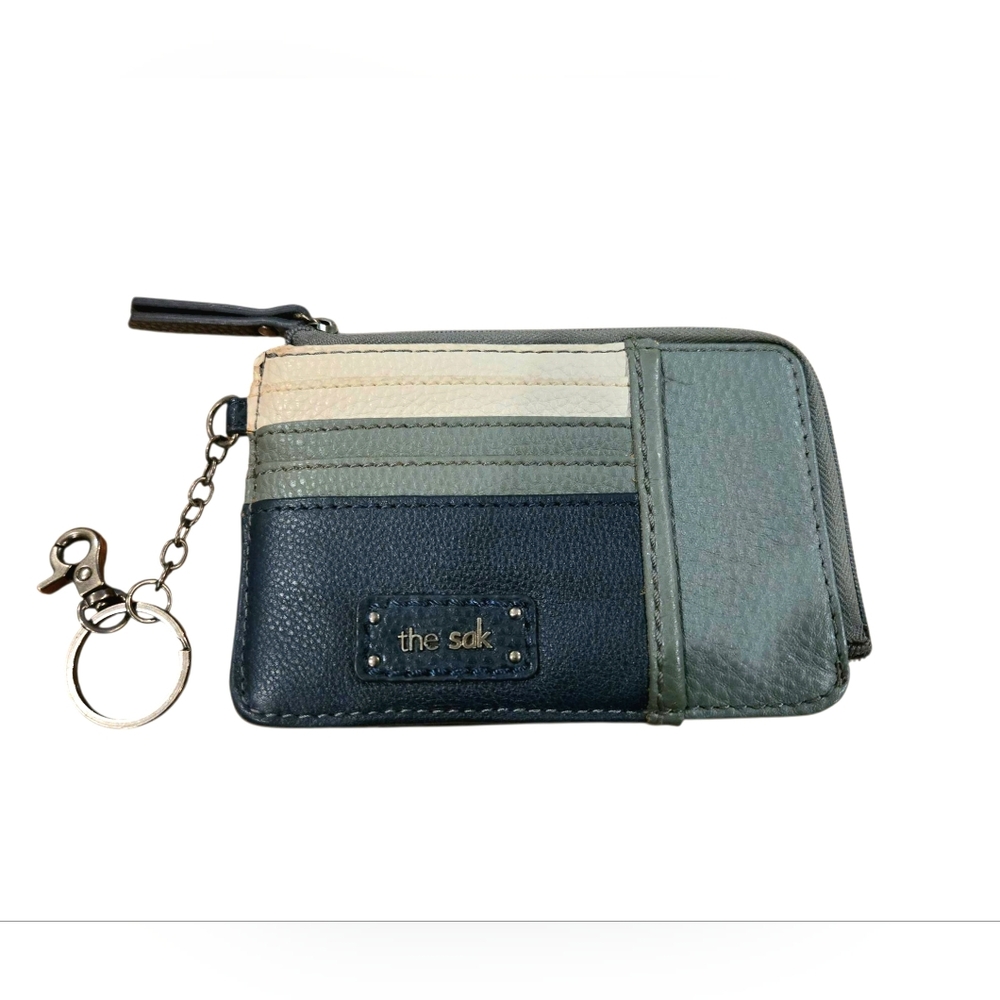 😁The Sak Blue Leather Card Wallet Zippered Pocket Keychain Attachment